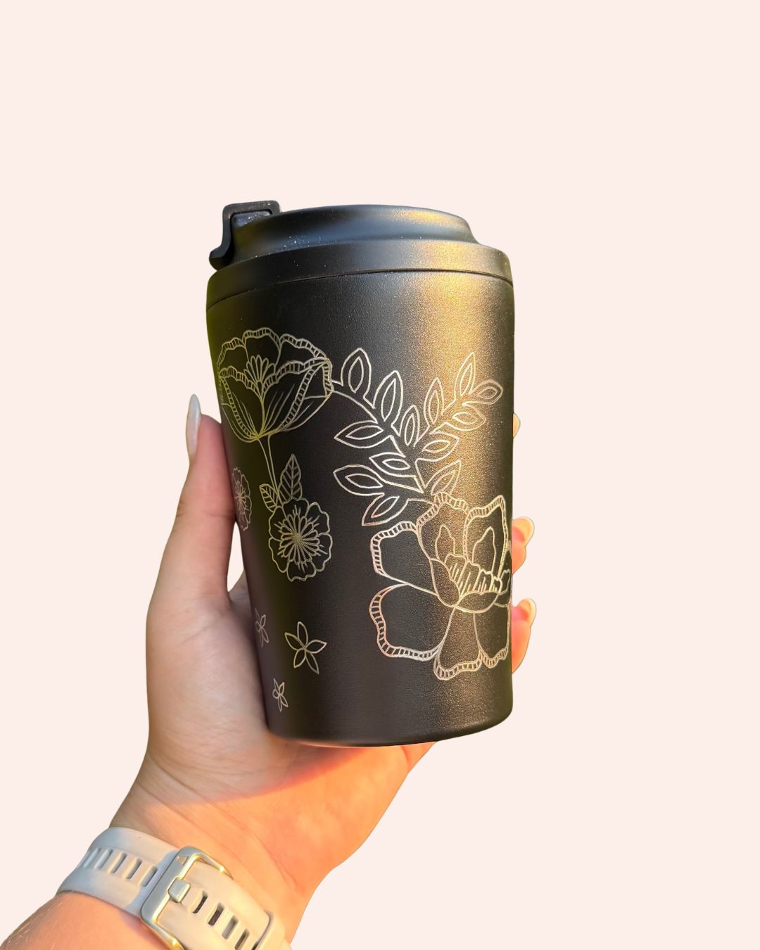 Hand Engraved 12oz Coffee Cup | Black Blossom