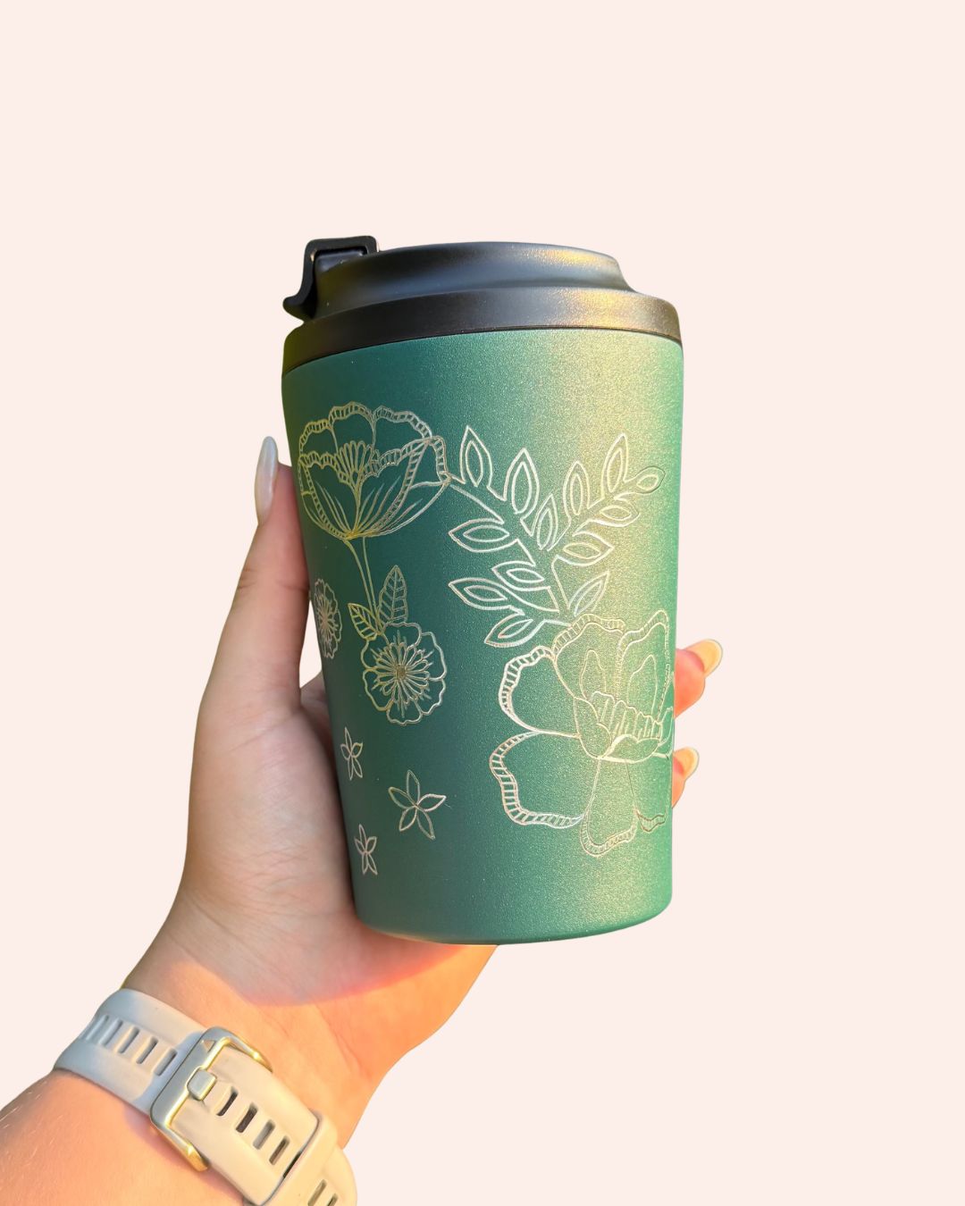Hand Engraved 12oz Coffee Cup | Emerald Green Blossom