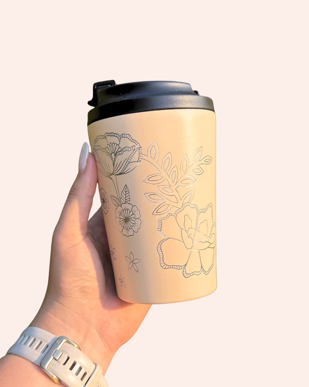 Hand Engraved 12oz Coffee Cup | Pale Peach Blossom