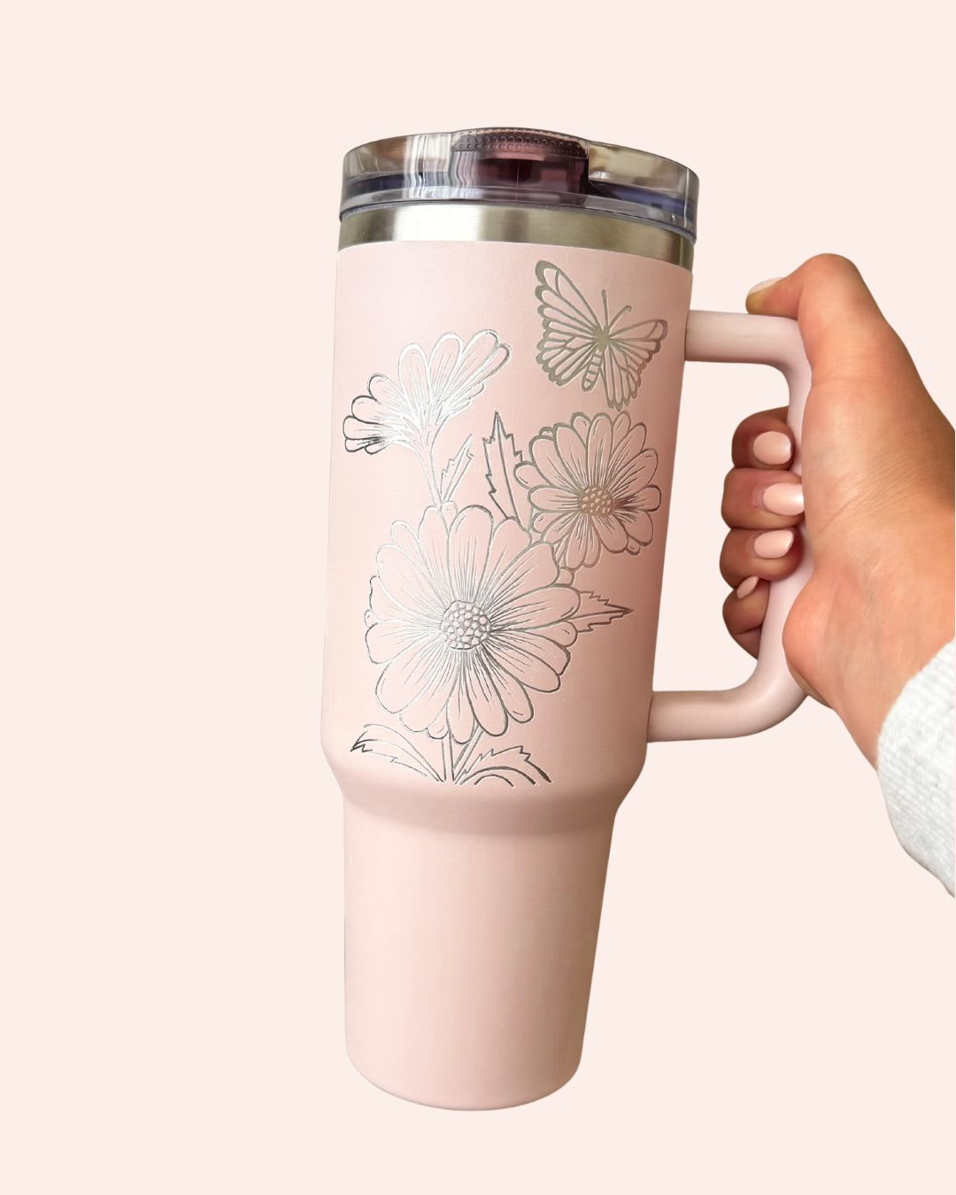 Hand Engraved 40oz Tumbler | Rose Quartz Daisy
