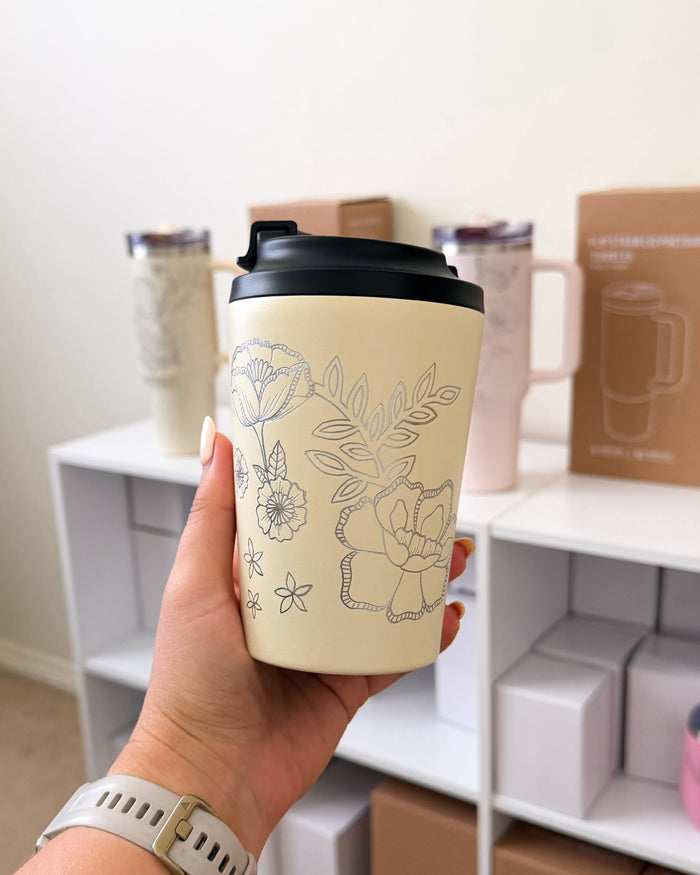 Hand Engraved 12oz Coffee Cup | Buttercream Blossom