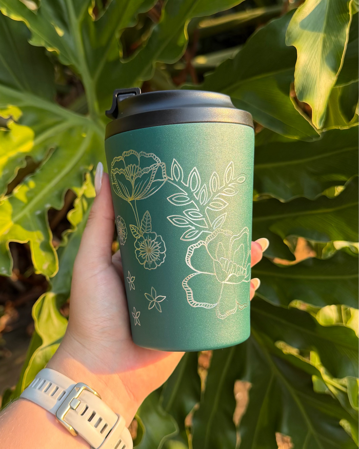 Hand Engraved 12oz Coffee Cup | Emerald Green Blossom