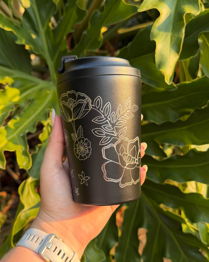 Hand Engraved 12oz Coffee Cup | Black Blossom