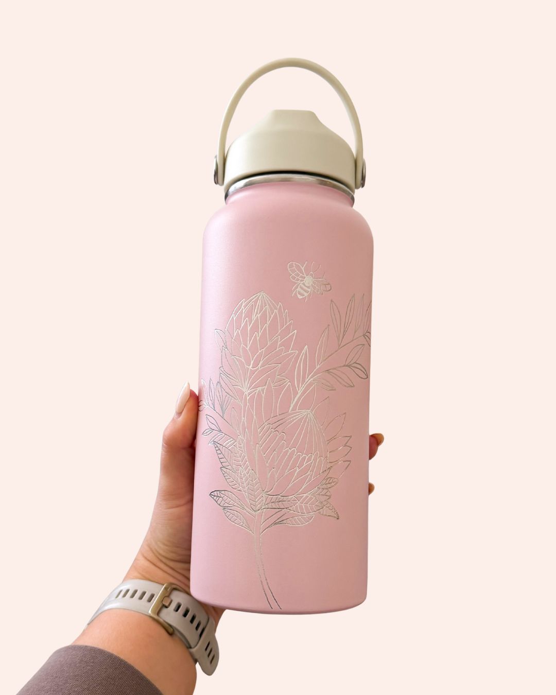 Hand Engraved 32oz Drink Bottle | Baby Pink Flora